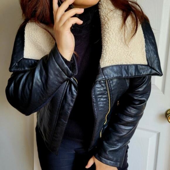 SAM EDELMAN Caitlyn Aviator Jacket Faux Leather Sherpa Moto Black - Picture 2 of 7